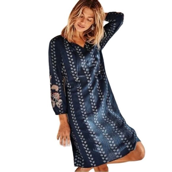 J. Jill Floral Embroidered Peasant Tunic Blue Batik Print Dress Small - Picture 11 of 12